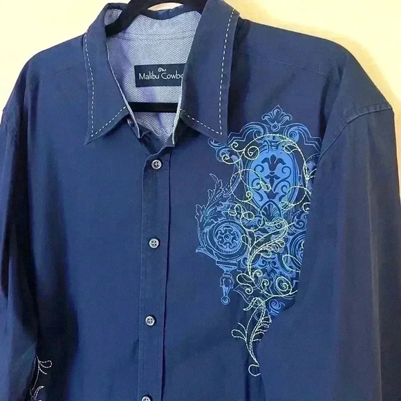 Malibu Cowboy Men’s Navy Embroider Western Cotton Button Down Shirt Size XL - Picture 7 of 12